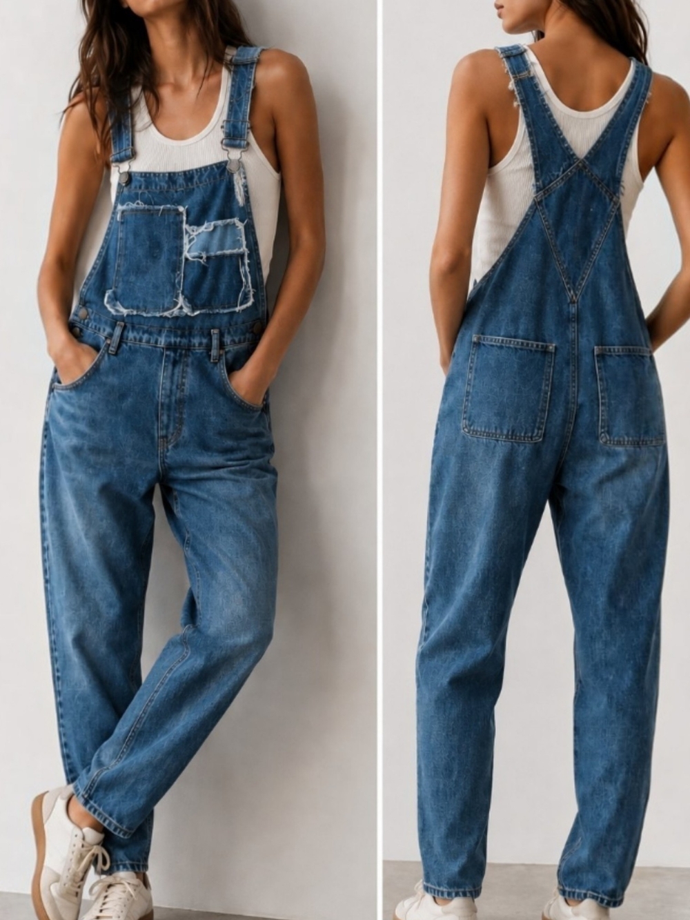 Zara Trafaluc Denimwear Mom Fit Overalls Distressed Patchwork Bib Jeans M - Picture 2 of 9